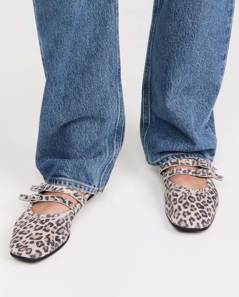 Free People Gemini Leopard Print Leather Double Buckle Mary Jane Ballet Flats